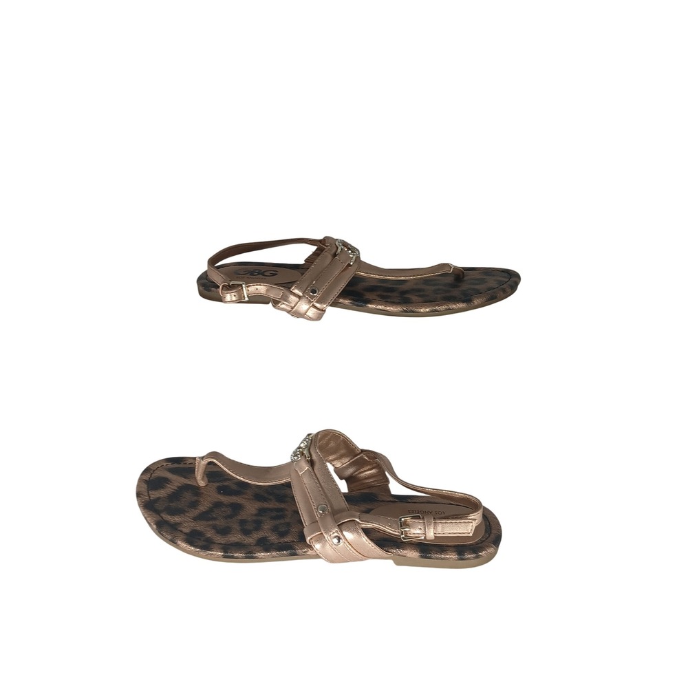 GBG Los Angeles Ggleedia Sandal 9M Rose Gold Leopard Print Rhinestone Logo Flat